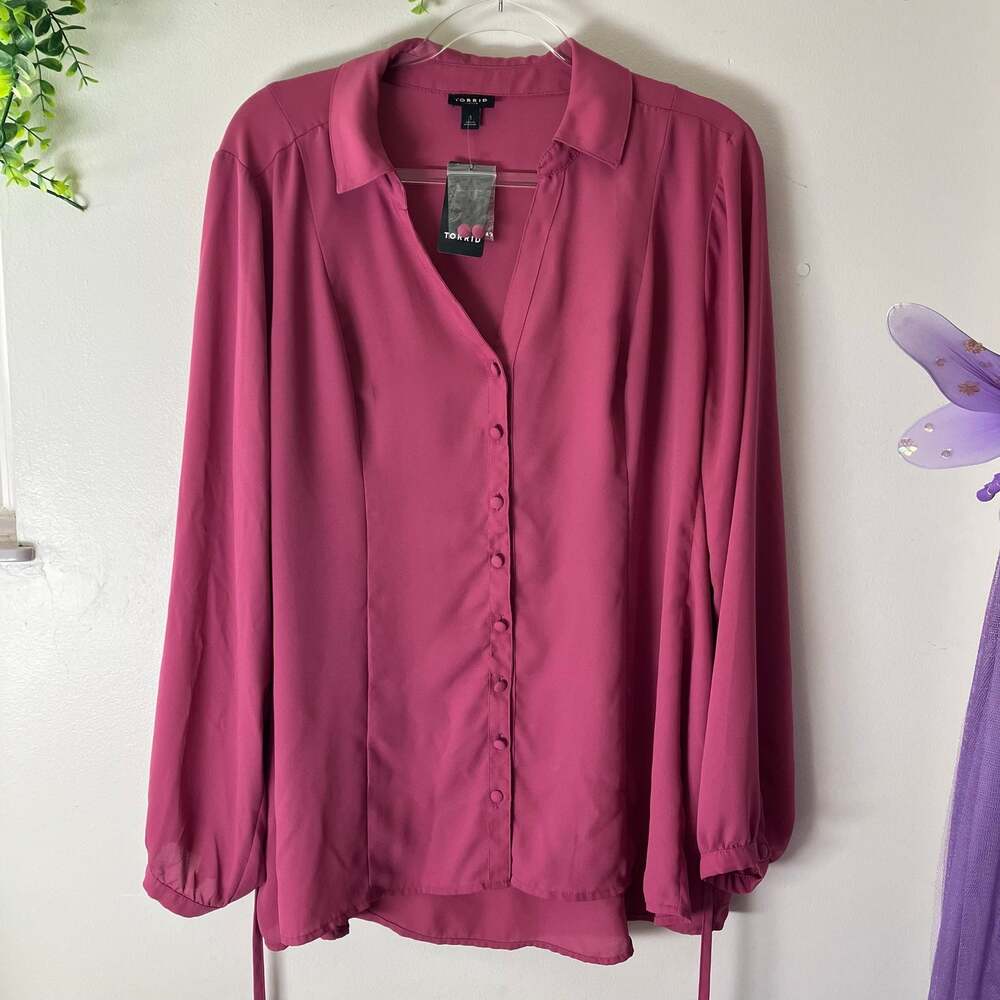 Torrid Harper Georgette Purple Mauve V Neck Back Tie Shirt Blouse New